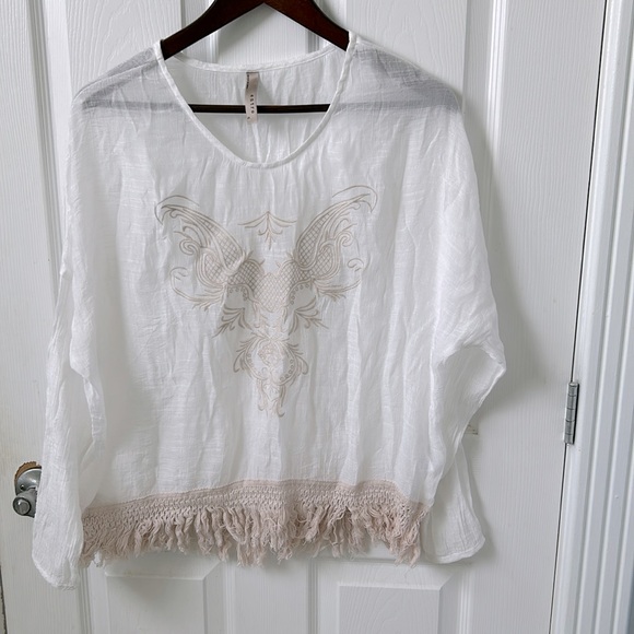 Entro sheer boho top with embroidery on front and fringe bottom - Picture 1 of 8